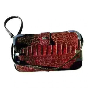 Vintage‎ Brown Crocodile Leather Envelope Handbag Clutch Crossbody Hand Strap